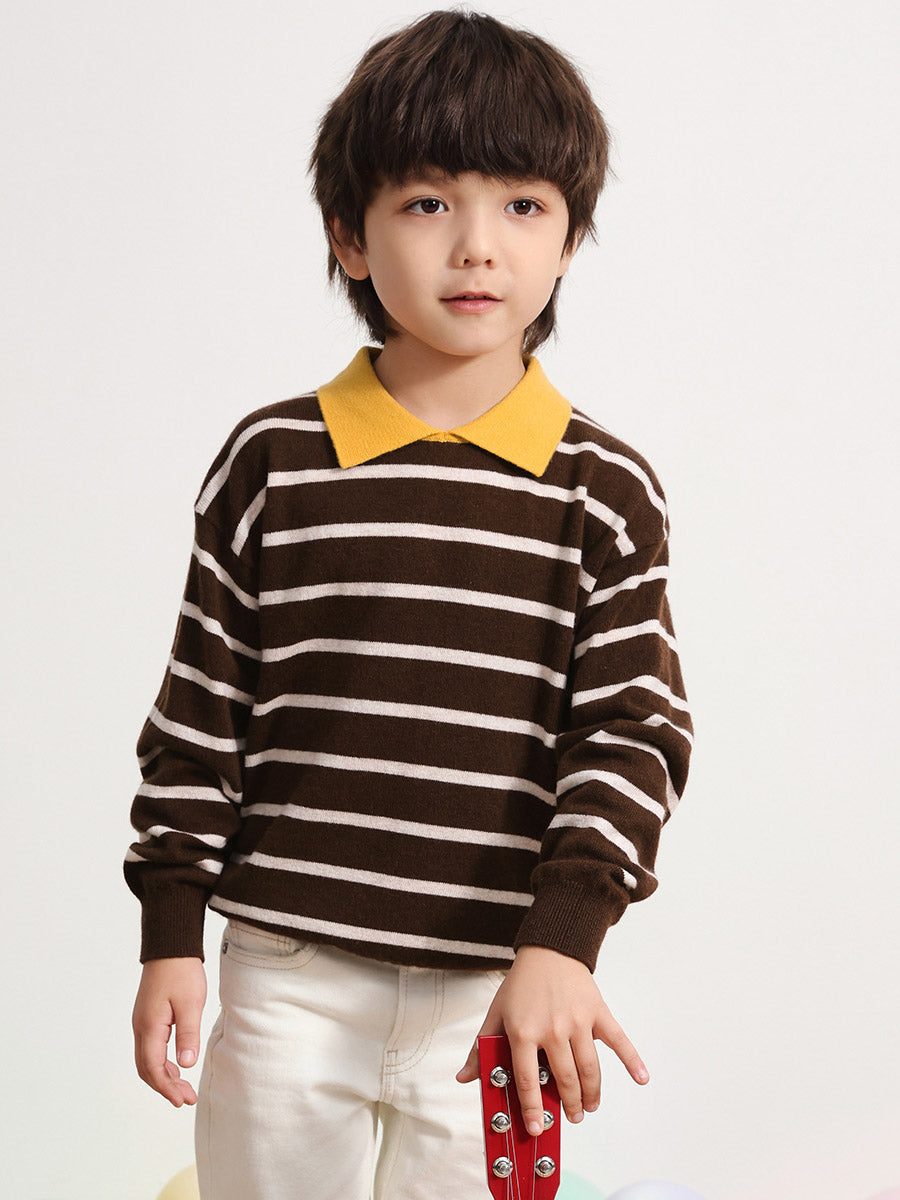 COMOBOCA BROWN 100% Wool Kids' Striped Collar Sweater