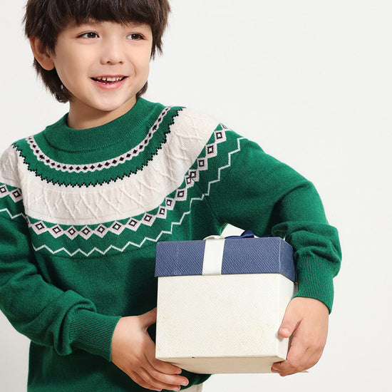 COMOBOCA GREEN 100% Wool Kids' Jacquard Round Neck Sweater