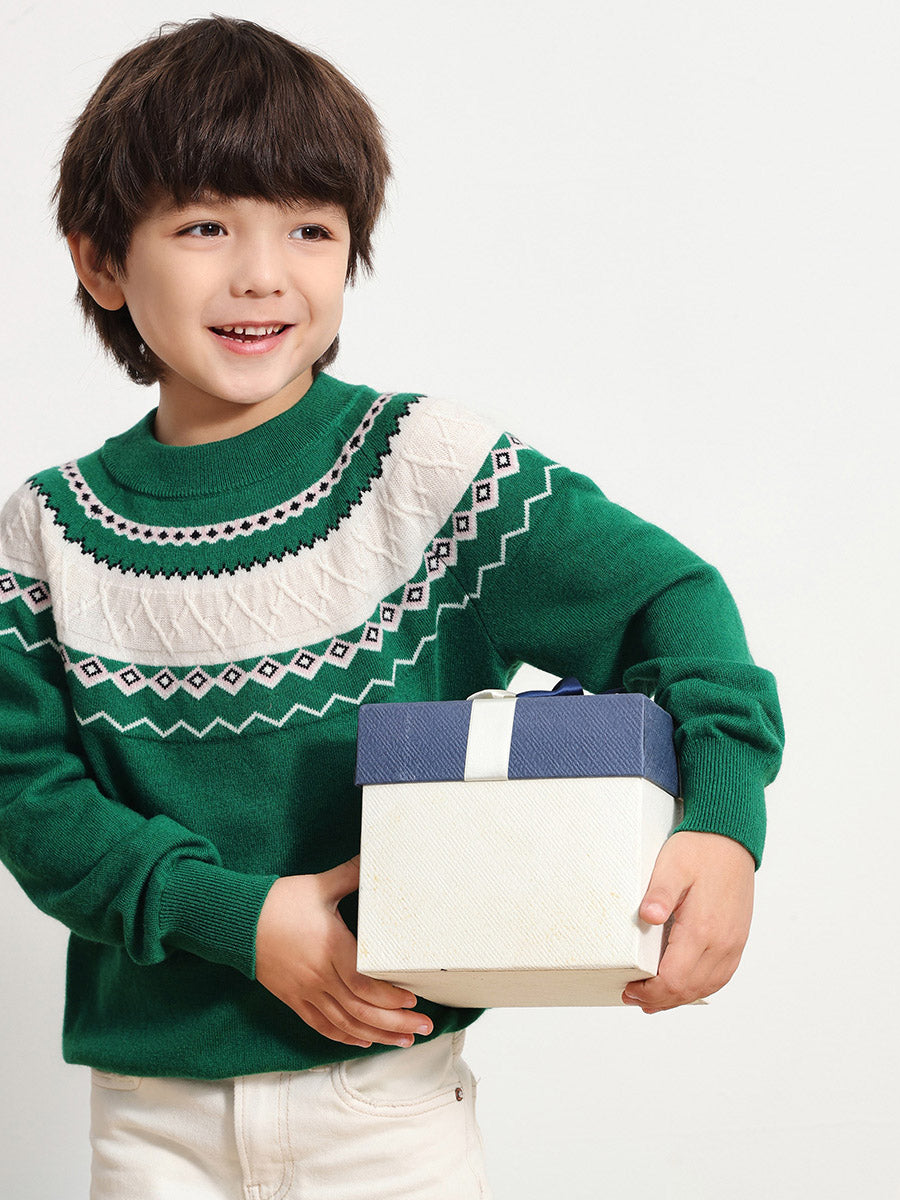 COMOBOCA GREEN 100% Wool Kids' Jacquard Round Neck Sweater