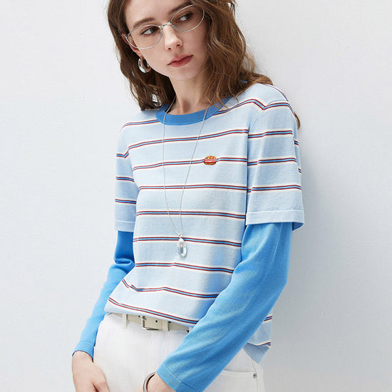 COMOBOCA Women's Layered Striped Round Neck Knit Sweater