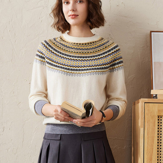 COMOBOCA White 100% Cashmere Women's Fair Isle Knit Sweater