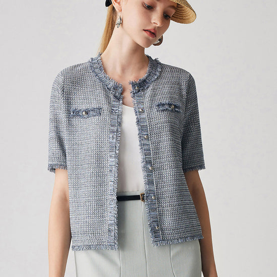 COMOBOCA Women's Cotton Silk Frayed Edge Button-Up Blouse