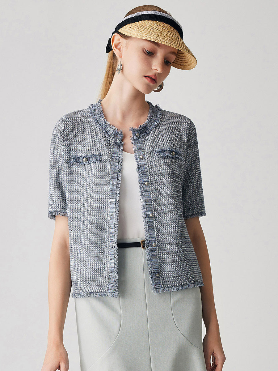 COMOBOCA Women's Cotton Silk Frayed Edge Button-Up Blouse