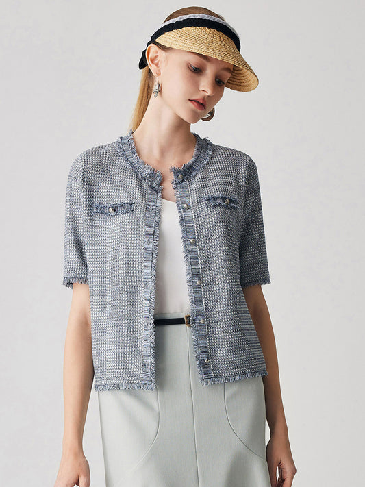 COMOBOCA Women's Cotton Silk Frayed Edge Button-Up Blouse