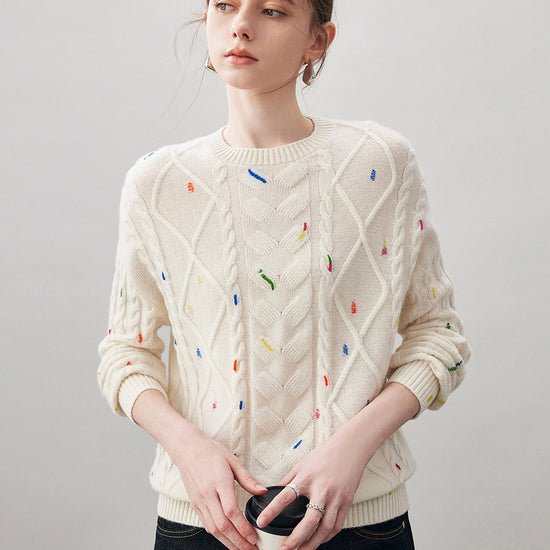 COMOBOCA 100% Cashmere Women's Cable Knit Colorful Accents Sweater