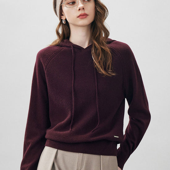 COMOBOCA Burgundy 100% Wool Women's Ribbed Hem Adjustable Hoodie