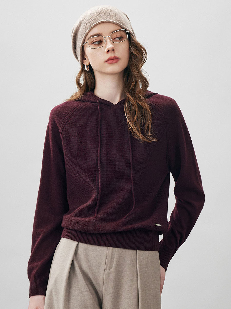 COMOBOCA Burgundy 100% Wool Women's Ribbed Hem Adjustable Hoodie