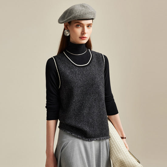 COMOBOCA Black 100% Cashmere Knit Vest with Contrast Trim