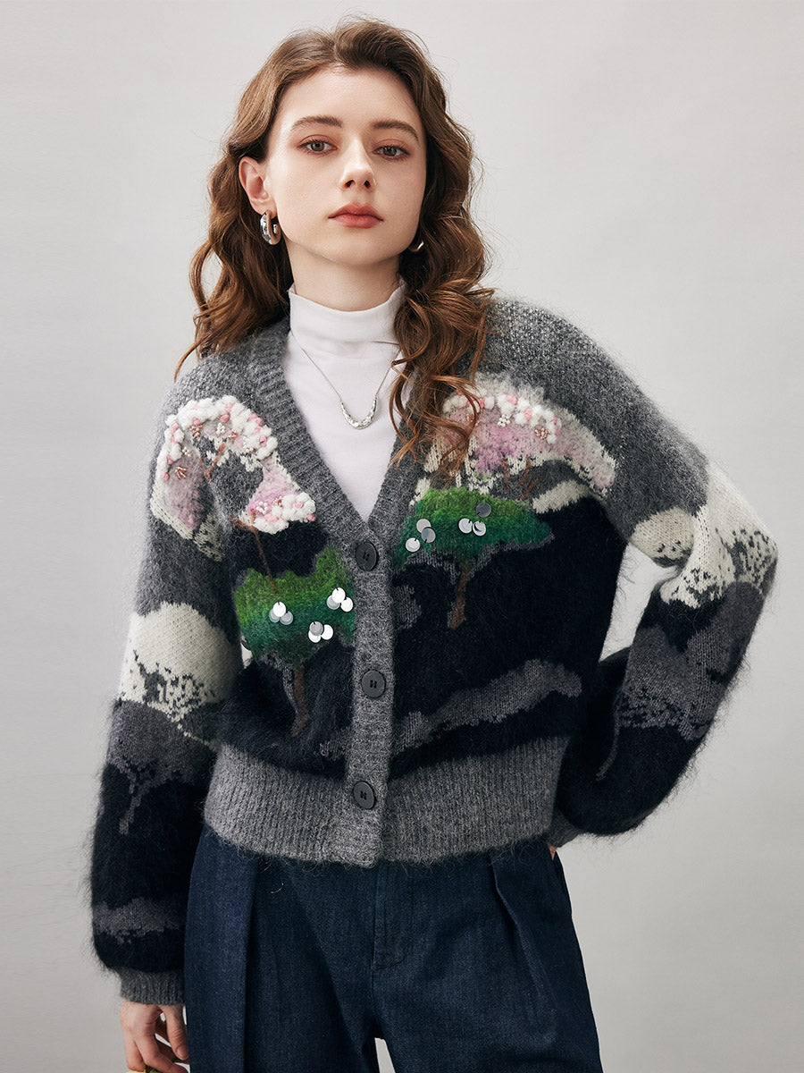 COMOBOCA Women's Landscape Patterned Knit Cardigan