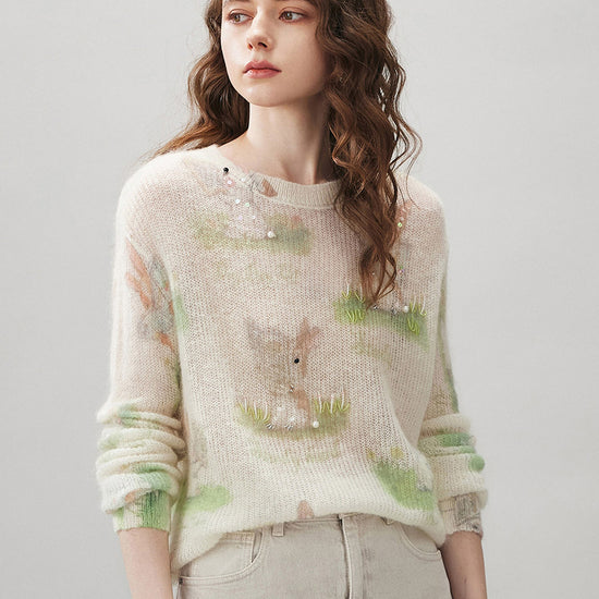 COMOBOCA Women's Bunny Printed Round Neck Sweater