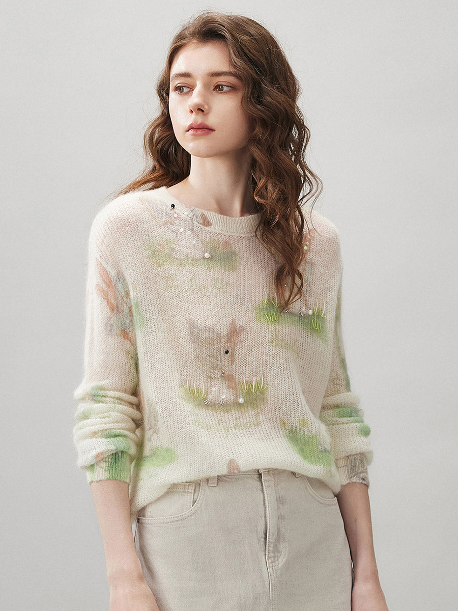 COMOBOCA Women's Bunny Printed Round Neck Sweater