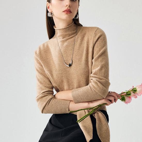 COMOBOCA 100% Cashmere Women's Mock Neck Tie-Waist Sweater