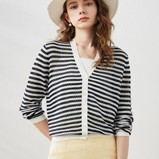 COMOBOCA Navy Blue Women's Striped Ribbed Cardigan