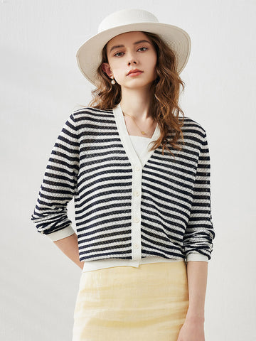 COMOBOCA Navy Blue Women's Striped Ribbed Cardigan