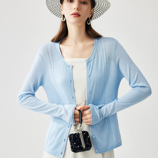 COMOBOCA Light Blue Women's Button-Up Cardigan with Cable Knit Detail