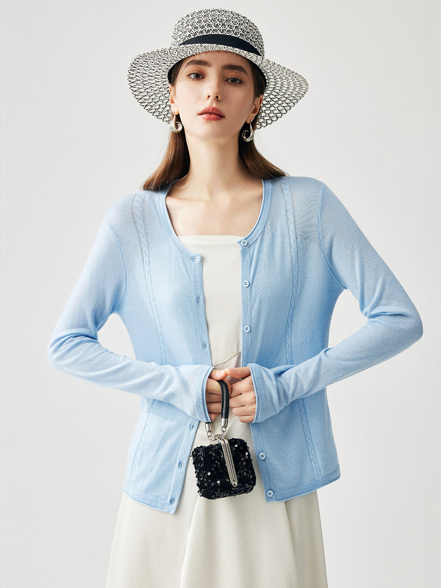 COMOBOCA Light Blue Women's Button-Up Cardigan with Cable Knit Detail