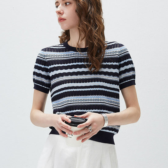 COMOBOCA Striped Women's Mixed Stitch Striped Semi Sheer Knit T-Shirt