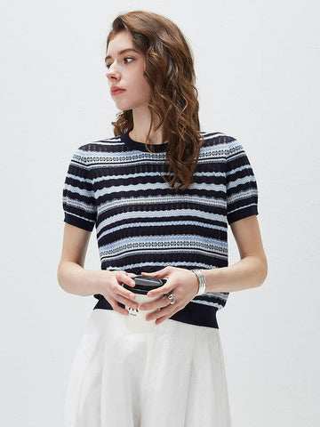 COMOBOCA Striped Women's Mixed Stitch Striped Semi Sheer Knit T-Shirt