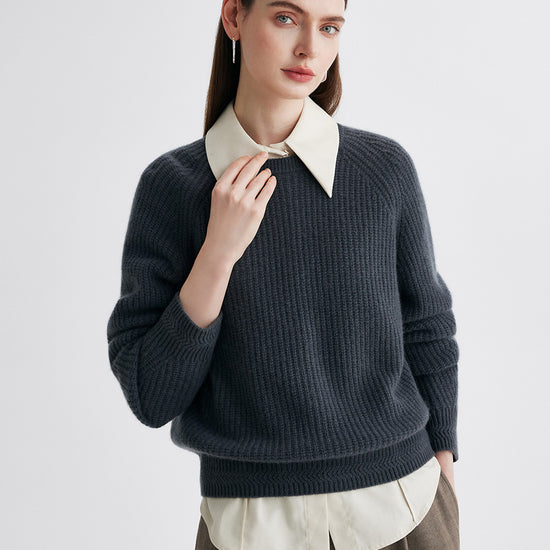 COMOBOCA 100% Cashmere Women's Ribbed Round Neck Sweater