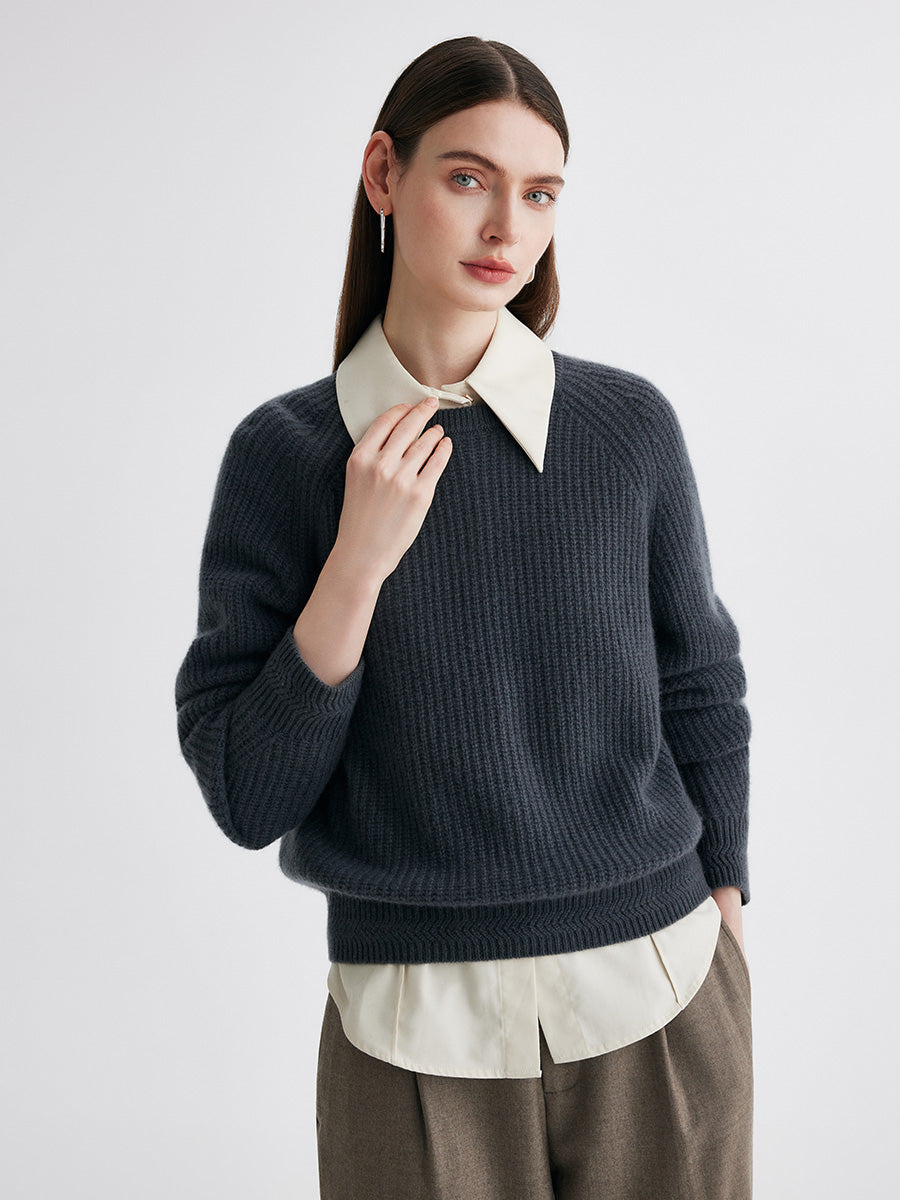 COMOBOCA 100% Cashmere Women's Ribbed Round Neck Sweater