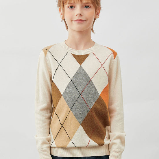 COMOBOCA 100% Wool Kids' Argyle Round Neck Sweater