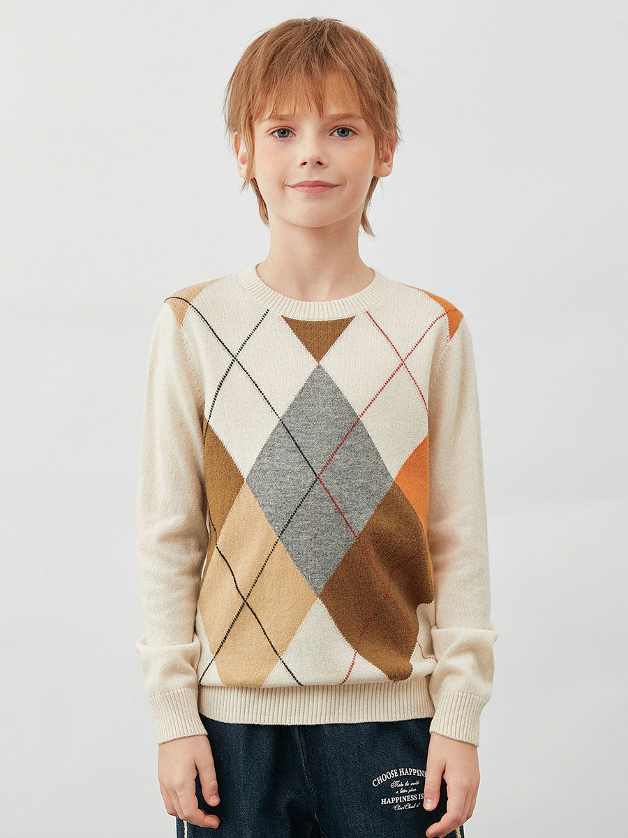 COMOBOCA 100% Wool Kids' Argyle Round Neck Sweater