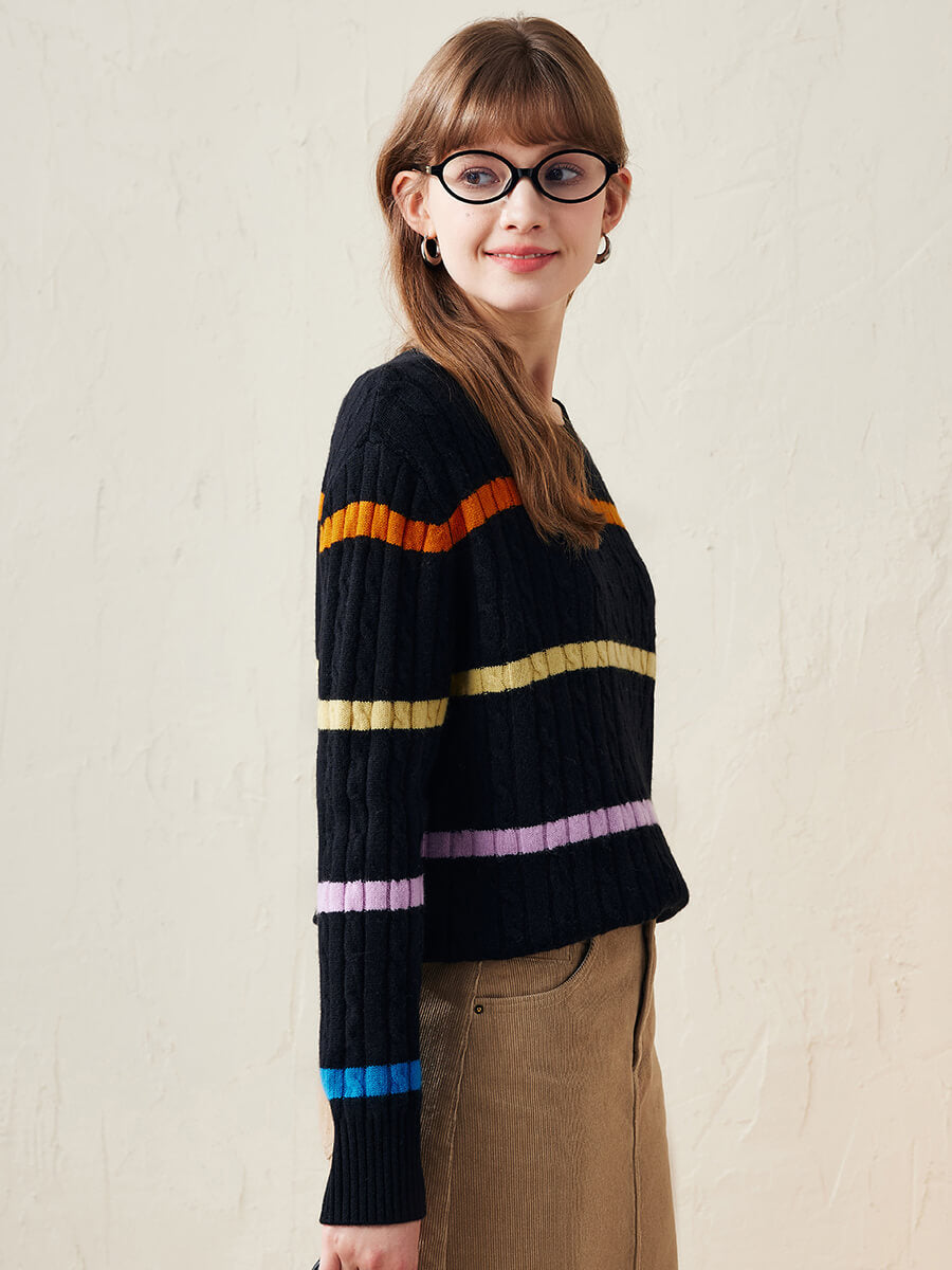 COMOBOCA 100% Wool Women's Colorful Striped Cable Knit Sweater
