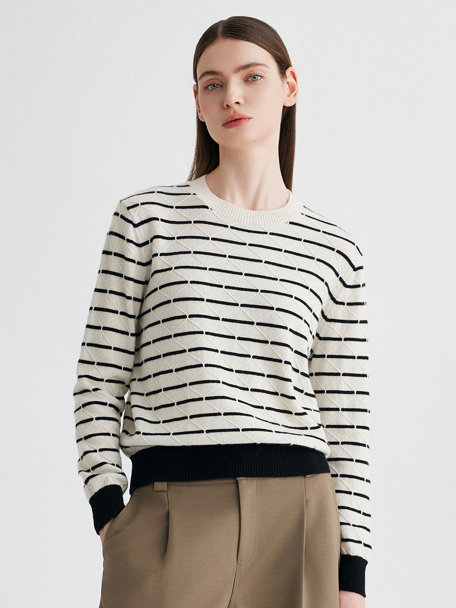 COMOBOCA 100% Cashmere Women's Striped Round Neck Knit Sweater