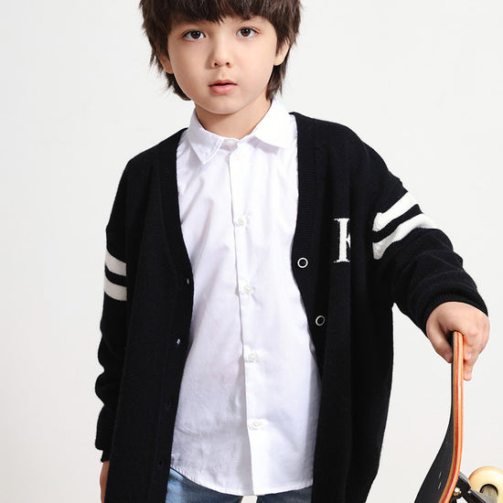 COMOBOCA BLACK 100% Wool Kids' V-Neck Cardigan