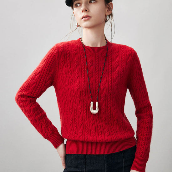 COMOBOCA Red 100% Cashmere Women's Cable Round Neck Knit Sweater