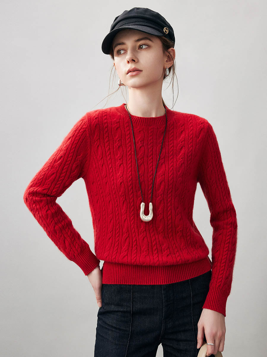 COMOBOCA Red 100% Cashmere Women's Cable Round Neck Knit Sweater