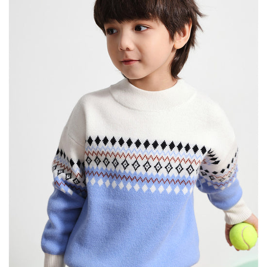 COMOBOCA LIGHT BLUE 100% Wool Kids' Mock Neck Jacquard Sweater