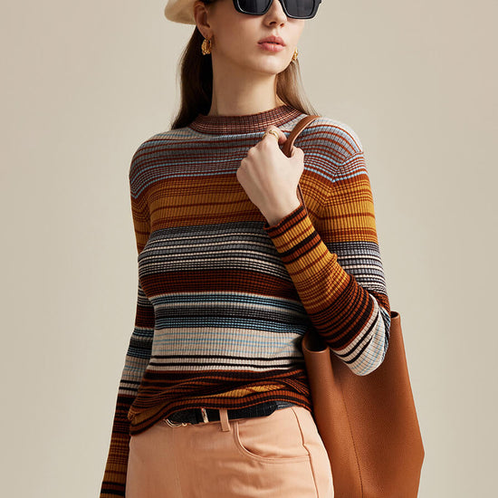 COMOBOCA 100% Wool Women's Multicolor Striped Knit Sweater