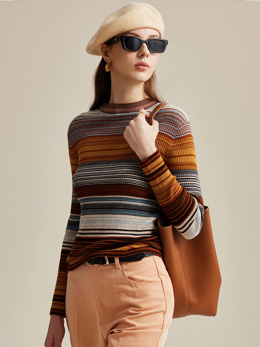 COMOBOCA 100% Wool Women's Multicolor Striped Knit Sweater