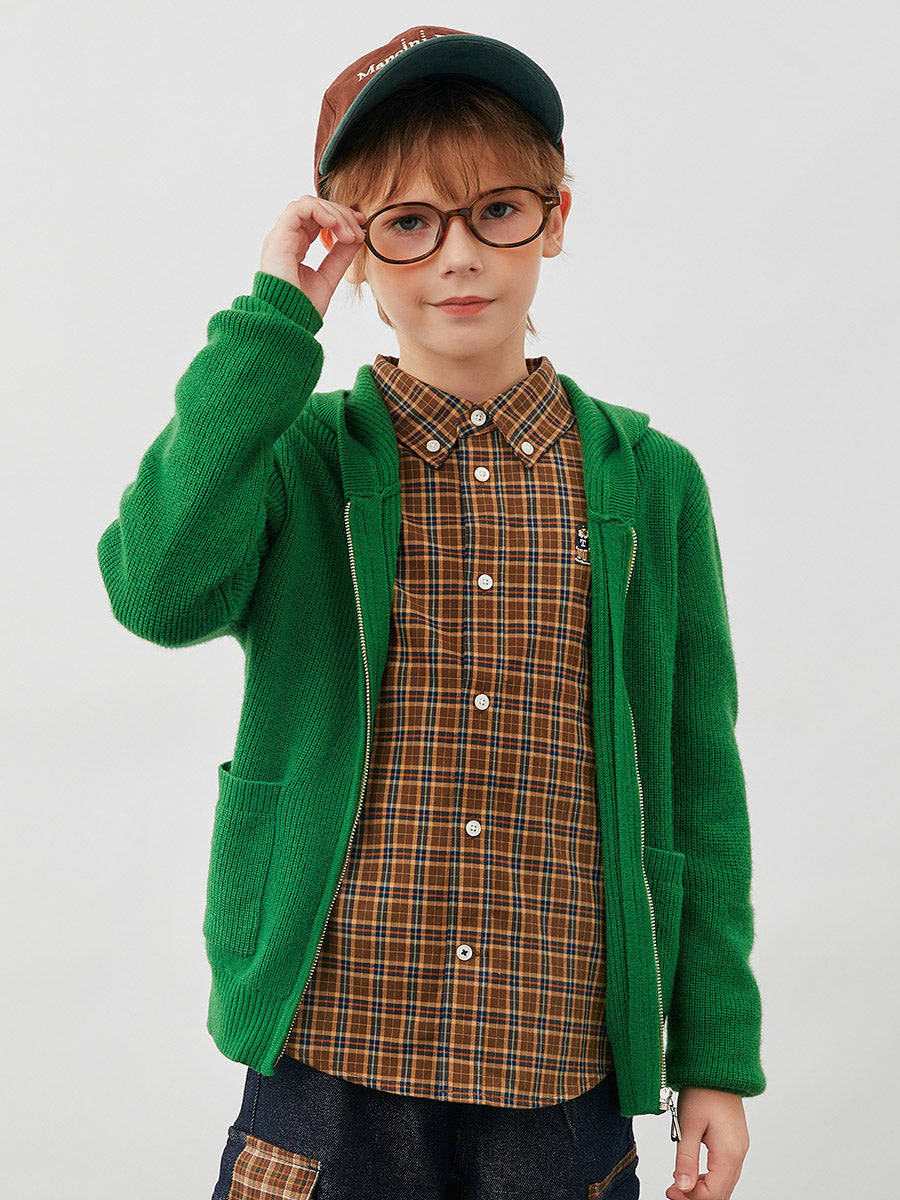 COMOBOCA Green 100% Wool Kids' Ribbed Zip Up Hooded Cardigan