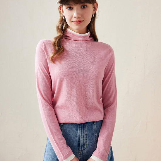 COMOBOCA Pink 100% Wool Women's Lightweight Turtleneck Sweater