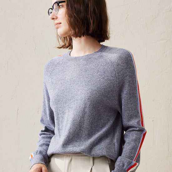 COMOBOCA Gray 100% Cashmere Women's Colorful Side Stripes Knit Sweater