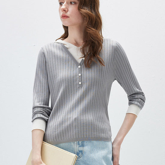 COMOBOCA Women's Layered Ribbed Knit Hooded Henley Top