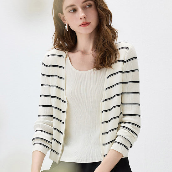 COMOBOCA Women's Striped Ribbed Knit Faux 2-in-1 Zip Cardigan