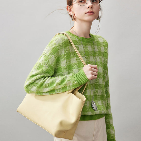 COMOBOCA 100% Cashmere Women's Checkered Round Neck Sweater