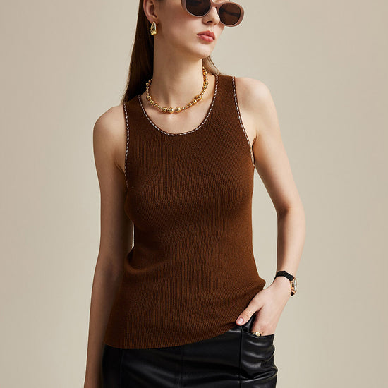 COMOBOCA Coffee 100% Wool Women's Sleek Ribbed Knit Tank Top