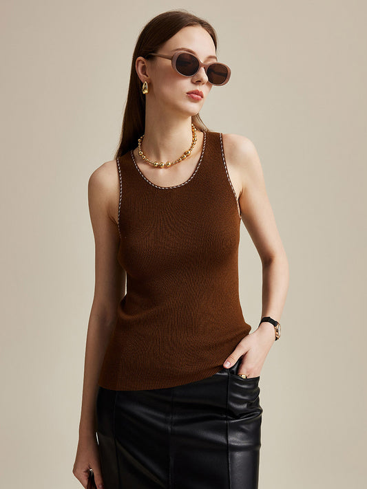 COMOBOCA Coffee 100% Wool Women's Sleek Ribbed Knit Tank Top