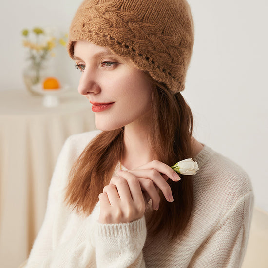 COMOBOCA 100% Cashmere Women's Crochet Trim Cable Knit Beanie