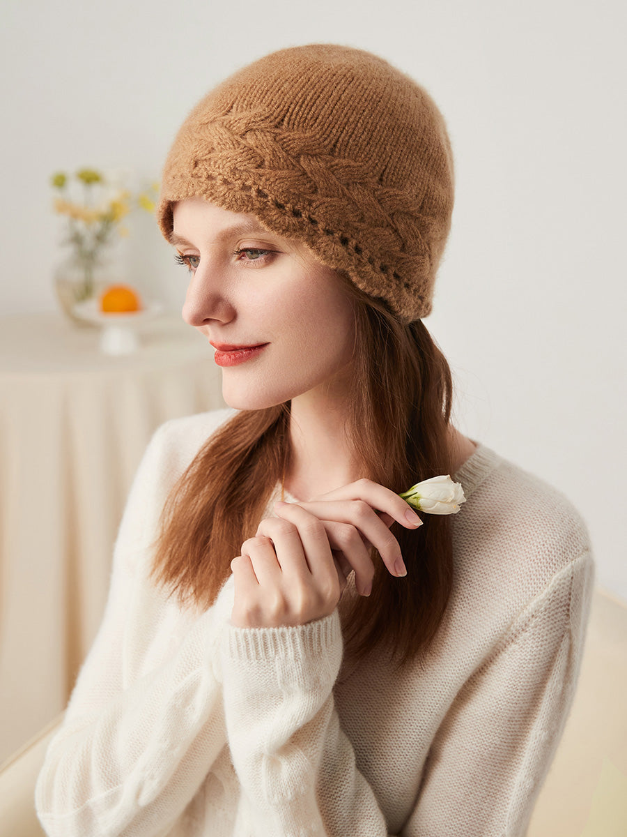 COMOBOCA 100% Cashmere Women's Crochet Trim Cable Knit Beanie