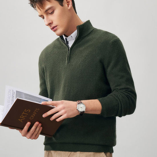 COMOBOCA 100% Cashmere Men's Half Zip Mock Neck Sweater