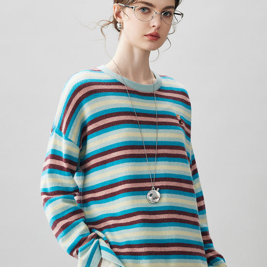 COMOBOCA Green 100% Cashmere Women's Striped Knit Sweater