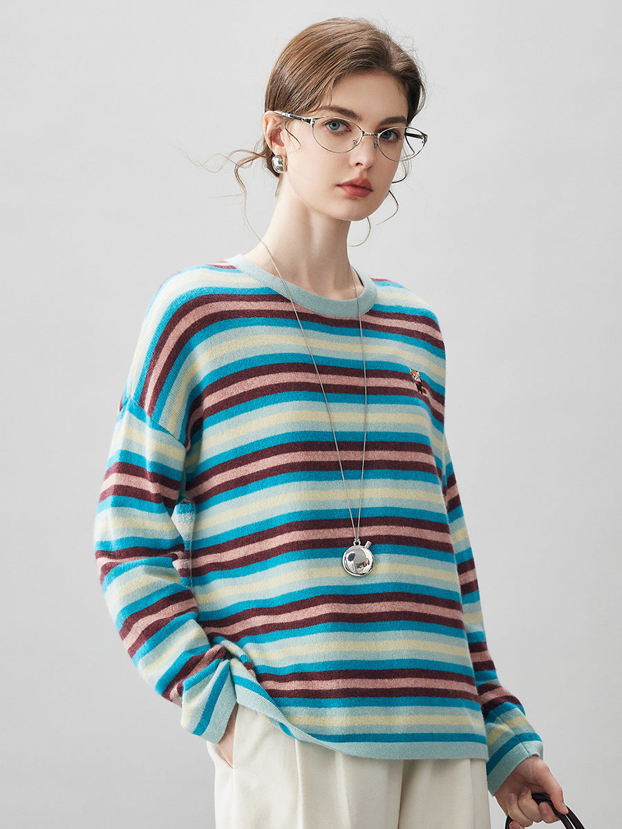 COMOBOCA Green 100% Cashmere Women's Striped Knit Sweater