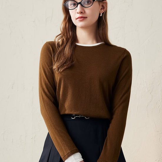 COMOBOCA Brown 100% Wool Chic Layered Look Sweater for Women