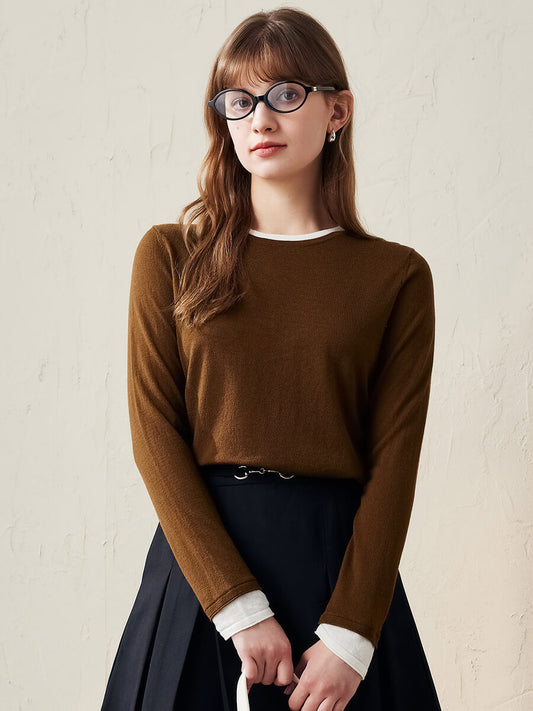 COMOBOCA Brown 100% Wool Chic Layered Look Sweater for Women