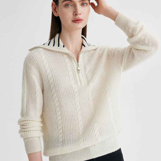 COMOBOCA 100% Cashmere Women's Cable Half Zip Striped Collar Sweater